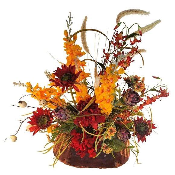 Artificial Floral Arrangement In Vintage Fishing Creel Wicker Basket With Leathe - Picture 6 of 14